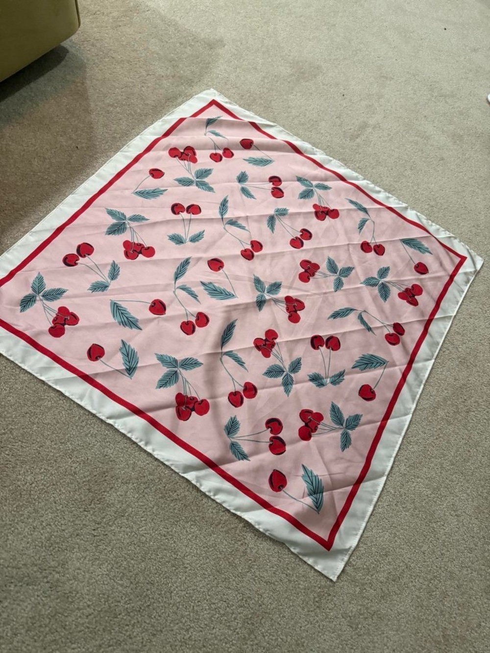 🍒 Pink Cherry Print Satin Scarf / Bandana